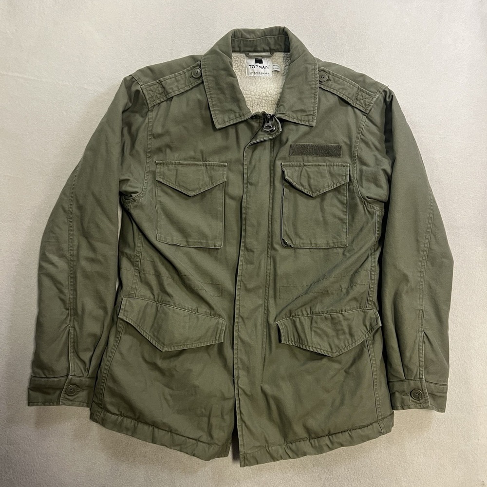 Topman Utility Jacket Men's Size Medium Green Canvas Military Field Sherpa Lined